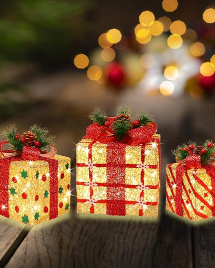 [Large 9.5"x8"x6.5" Christmas Set of 3 Lighted Gift Boxes Decorations Pre-lit 70 Super-Bright LED with Flashers,for Indoor Outdoor Christmas Tree Skirt Ornament Pathway Holiday Party Home GLOWNOVA
