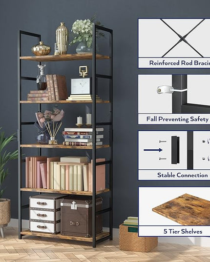 NUMENN 5 Tier Bookshelf, Tall Bookcase Shelf Storage Organizer, Modern Book shelf for Bedroom, Living Room and Home Office, Vintage - LeafyLoom