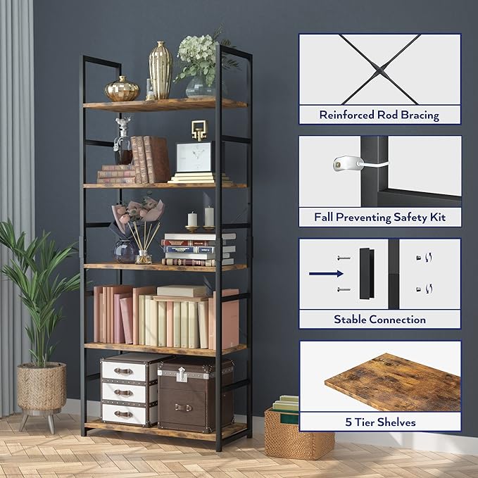 NUMENN 5 Tier Bookshelf, Tall Bookcase Shelf Storage Organizer, Modern Book shelf for Bedroom, Living Room and Home Office, Vintage - LeafyLoom