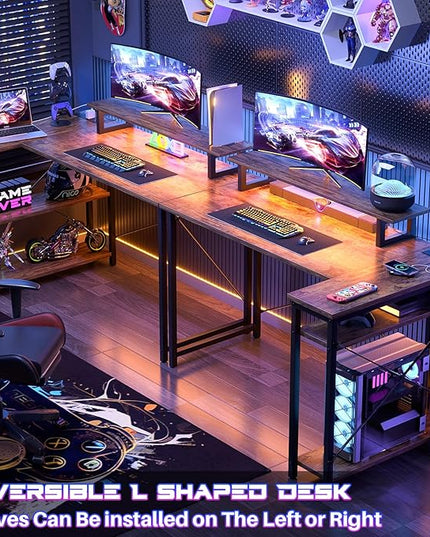 Homieasy Small Gaming Desk with Power Outlet & LED Light, 39 Inch L Shaped Computer Desk with Storage Shelves, Reversible Corner Desk with Monitor Stand Headset Hooks for Home Office, Rustic Brown - LeafyLoom