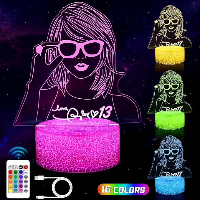 Taylor Cool Night Light：Gift 3D Night Light 16 Colors Changing LED Lamp Decoration for Girls Singer Albums Inspired Merchandise Gift Table Lamp for Party Birthday Festival Gifts - LeafyLoom