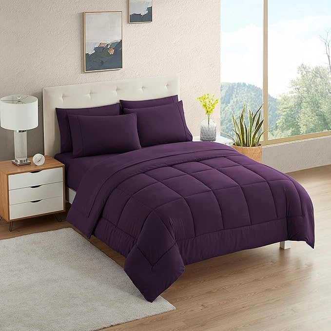 Dorm Room Essentials College Bedding Comforter Set 5 Piece Twin XL Size Bed in a Bag for College Students Boys and Girls, Twin XL, Purple - LeafyLoom