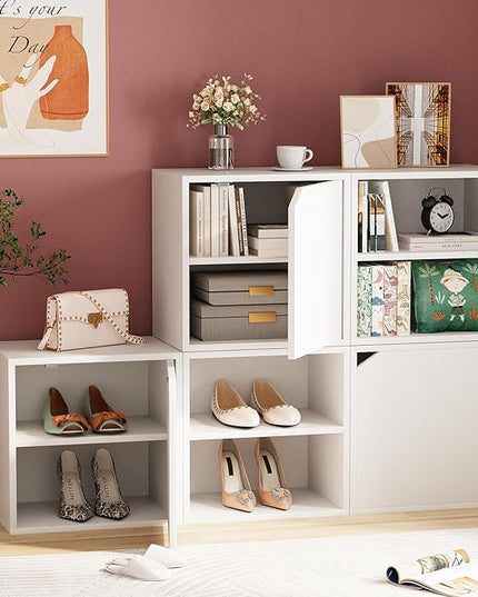 Storage Cube 2 Tires White Stackable Storage Shelf with Door, Cubby Organizer Wooden Display Shelf Closet Organizer,Modern Cubical Bookcase Small Storage Cabinet for Living Room Bedroom - LeafyLoom