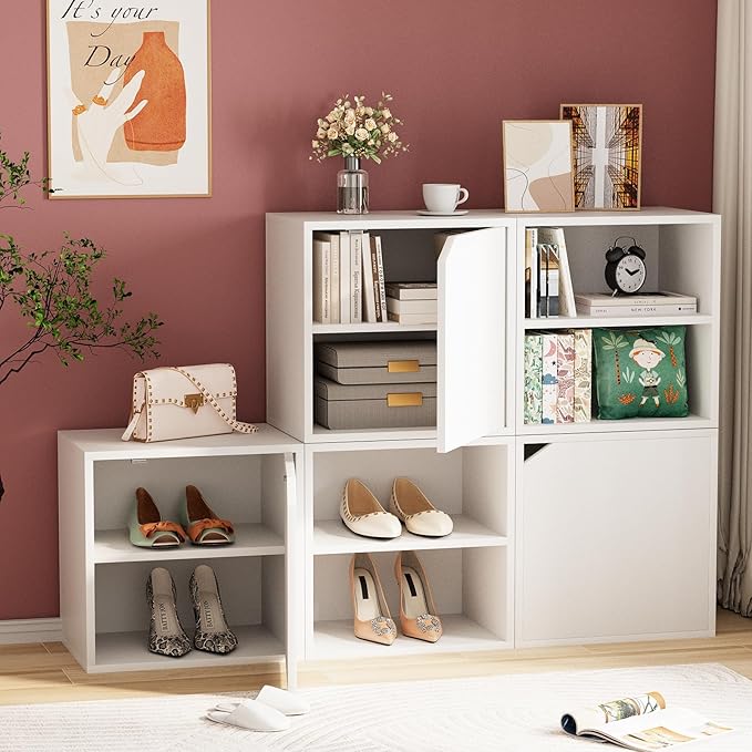 Storage Cube 2 Tires White Stackable Storage Shelf with Door, Cubby Organizer Wooden Display Shelf Closet Organizer,Modern Cubical Bookcase Small Storage Cabinet for Living Room Bedroom - LeafyLoom