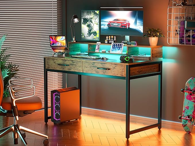 Computer Desk with Drawers, 47" Home Office Desk with Monitor Shelf, Writing Desk with Storage, Gaming Desk Work Desk Study Desk for Bedroom, Rustic Brown - LeafyLoom