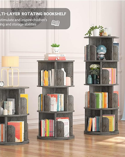 Aheaplus Rotating Bookshelf, 360 Display Corner Bookshelf for Small Space, 4 Tier Floor Standing Bookcase Storage Rack, Wood Narrow Book Shelf Organizer for Bedroom, Living Room, Study Room, Grey Oak - LeafyLoom