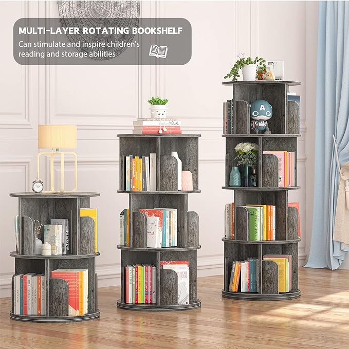 Aheaplus Rotating Bookshelf, 360 Display Corner Bookshelf for Small Space, 4 Tier Floor Standing Bookcase Storage Rack, Wood Narrow Book Shelf Organizer for Bedroom, Living Room, Study Room, Grey Oak - LeafyLoom
