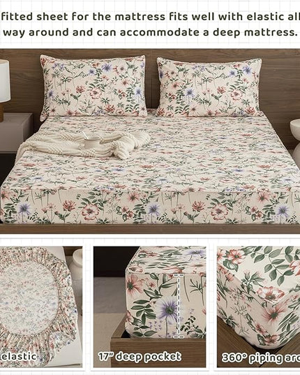 QSH Floral Egyptian Cotton Sheets King Size - Pink Flowers Green Leaves Pattern Printed Bedding King Size Bed Sheets 17.5" Extra Deep Pocket 4pcs - LeafyLoom