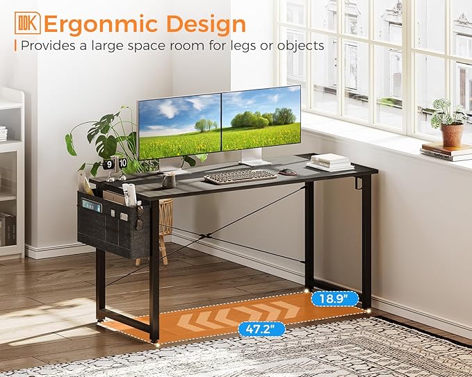 ODK Computer Desk Large Office Desk, 48 Inch Gaming Desk with Storage, Modern PC Desk Work Table with Headphone Hook for Home Office, Gray - LeafyLoom