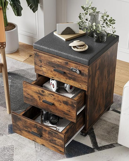 Soohow 3 Drawers Vertical Detachable Cushion Mobile Under Desk File Cabinet with Smart Lock/Casters,Rustic-Black, Large, Brown - LeafyLoom