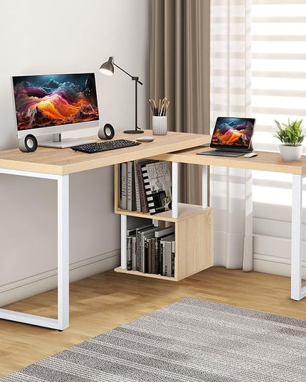 Airdown 55 Inch Reversible L Shaped Home Office Computer Desk with 2-Tier Storage Shelf for Bedroom, Dorm, Study Room, Light Oak - LeafyLoom