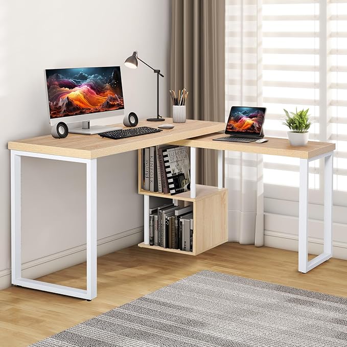 Airdown 55 Inch Reversible L Shaped Home Office Computer Desk with 2-Tier Storage Shelf for Bedroom, Dorm, Study Room, Light Oak - LeafyLoom