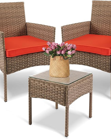YIYAN 3 Pieces Patio Bistro Set Outdoor Wicker Furniture Outdoor Porch PE Rattan Wicker Chairs Furniture Sets with Sofa Chairs,Glass Coffee Table and Red Washable Cushion - LeafyLoom