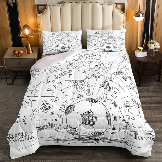 Erosebridal Boys Football Comforter Set Queen Hand Drawn Soccer Bedding Set for kids teen men Sports Games down comforter Black White Sketch Quilt Duvet Insert 1 Comforter with 2 Pillow Cases - LeafyLoom