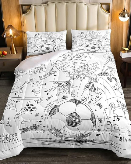 Erosebridal Boys Football Comforter Set King Hand Drawn Soccer Bedding Set for kids teen men Sports Games down comforter Black White Sketch Quilt Duvet Insert 1 Comforter with 2 Pillow Cases - LeafyLoom