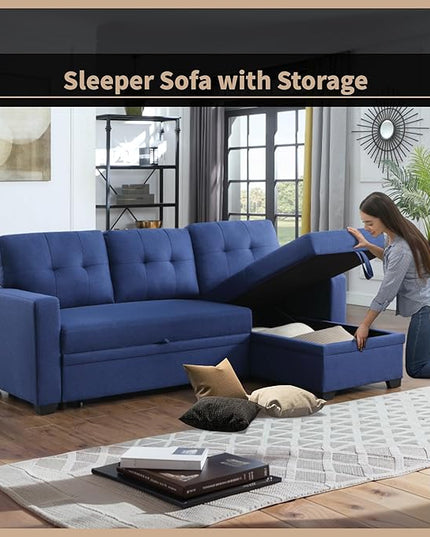 4-in-1 L Shaped Pull Out Convertible Modular Sectional Sofa Bed for Living Room Furniture Sets, Comfy Couch with Reversible Storage Chaise Upholstered for Apartment, Studio, Office - Blue - LeafyLoom