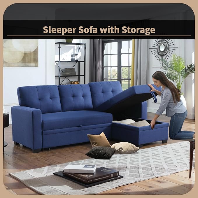 4-in-1 L Shaped Pull Out Convertible Modular Sectional Sofa Bed for Living Room Furniture Sets, Comfy Couch with Reversible Storage Chaise Upholstered for Apartment, Studio, Office - Blue - LeafyLoom