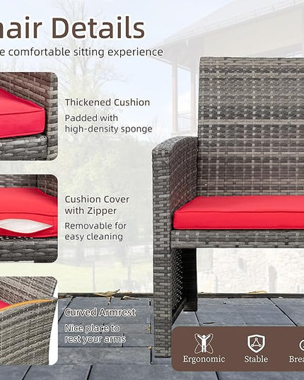 Shintenchi 4-Piece Outdoor Gray Wicker Patio Conversation Furniture Set, Rattan Patio Furniture Set with Weather Resistant Cushions and Tempered Glass Tabletop,Red - LeafyLoom