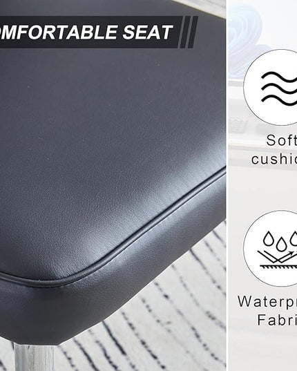 Modern Dining Chairs Set of 2, PU Leather Seat Cushions Black Dining Room Chair, with Silver Metal Legs Kitchen Chair for Home Living Room, Restaurant, Black Chair Silver Legs - LeafyLoom