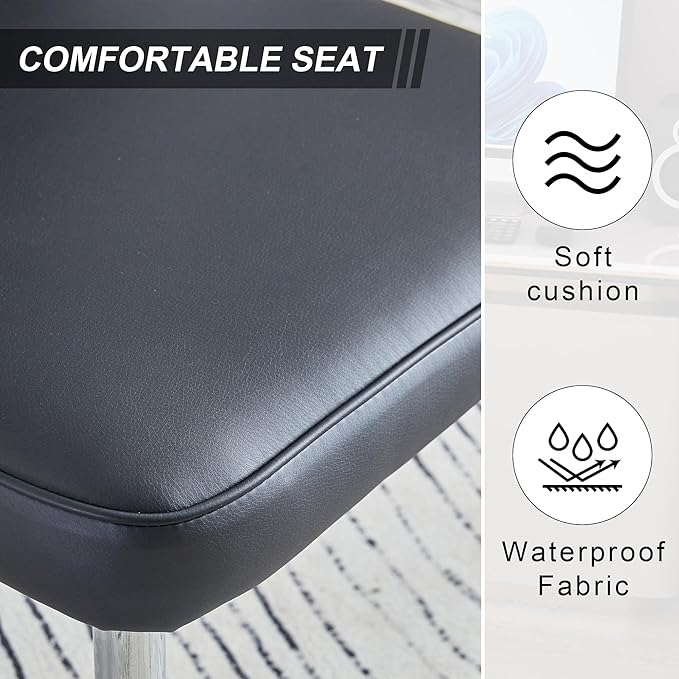 Modern Dining Chairs Set of 2, PU Leather Seat Cushions Black Dining Room Chair, with Silver Metal Legs Kitchen Chair for Home Living Room, Restaurant, Black Chair Silver Legs - LeafyLoom