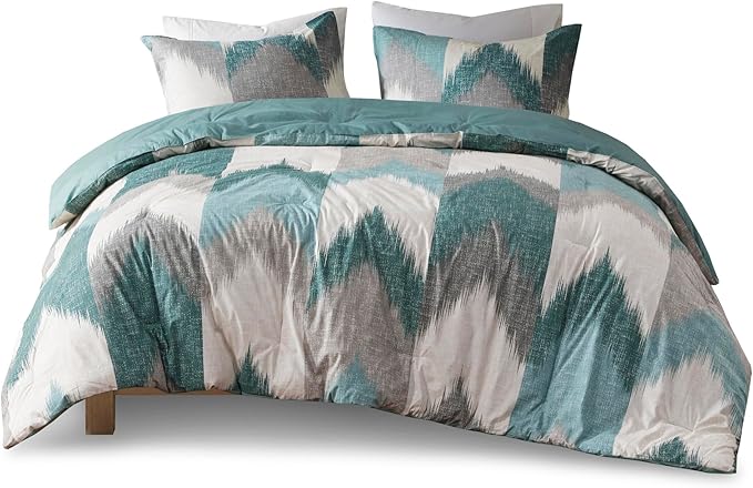 INK+IVY Queen Size Comforter Set, Cozy Cotton Comforter, All Season, Lightweight Comforter Queen Bed Set with 2 Matching Shams, Modern Cabin Lodge Ikat Chevron Design, Aqua Full/Queen 3 Piece - LeafyLoom