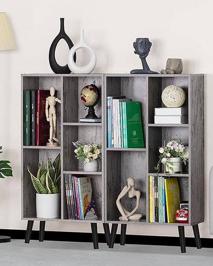 5 Cube Small Bookshelf,3 Tier Mid-Century Modern Bookcase with Legs,Wood Bookshelves Storage Organizer Shelf,Free Standing Narrow Book Shelves,Rustic Grey Corner Bookcases for Bedroom,Living Room - LeafyLoom