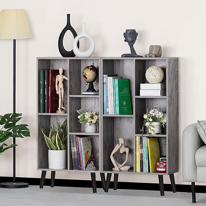 5 Cube Small Bookshelf,3 Tier Mid-Century Modern Bookcase with Legs,Wood Bookshelves Storage Organizer Shelf,Free Standing Narrow Book Shelves,Rustic Grey Corner Bookcases for Bedroom,Living Room - LeafyLoom