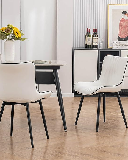 YOUTASTE White Dining Chairs Set of 2 Upholstered Mid Century Modern Kitchen Dining Room Chairs Armless Faux Leather Accent Chairs Metal Vanity Lounge Chair with Back for Living Room Bedrooms - LeafyLoom