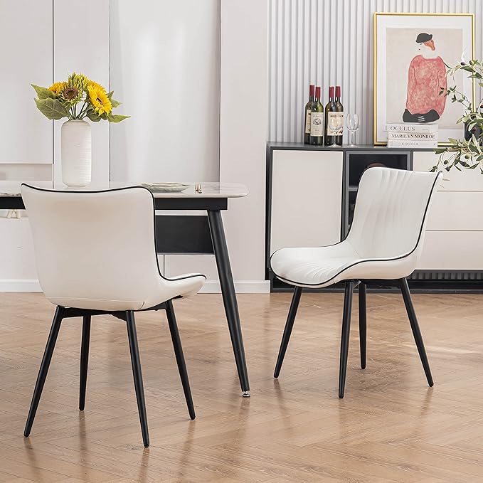 YOUTASTE White Dining Chairs Set of 2 Upholstered Mid Century Modern Kitchen Dining Room Chairs Armless Faux Leather Accent Chairs Metal Vanity Lounge Chair with Back for Living Room Bedrooms - LeafyLoom