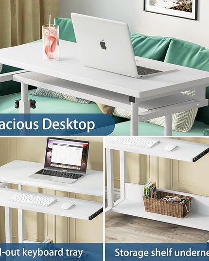 Tribesigns Portable Desk for Sofa and Bed, Height Adjustable Mobile Laptop Table Small Standing Desk Rolling Computer Cart with Keyboard Tray on Wheels for Home Office (White) - LeafyLoom