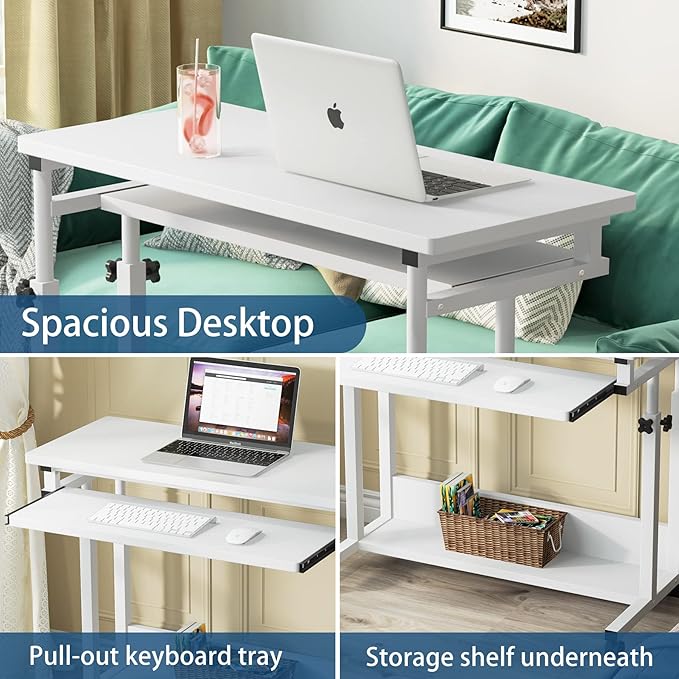 Tribesigns Portable Desk for Sofa and Bed, Height Adjustable Mobile Laptop Table Small Standing Desk Rolling Computer Cart with Keyboard Tray on Wheels for Home Office (White) - LeafyLoom
