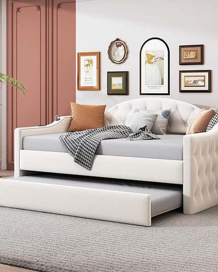Twin Size Velvet Tufted Upholstered Daybed with Trundle, Modern Solid Wood Sofa Bed w/USB & Type-C Charging Ports, for Bedroom Living Room, No Box-spring Needed, Beige - LeafyLoom