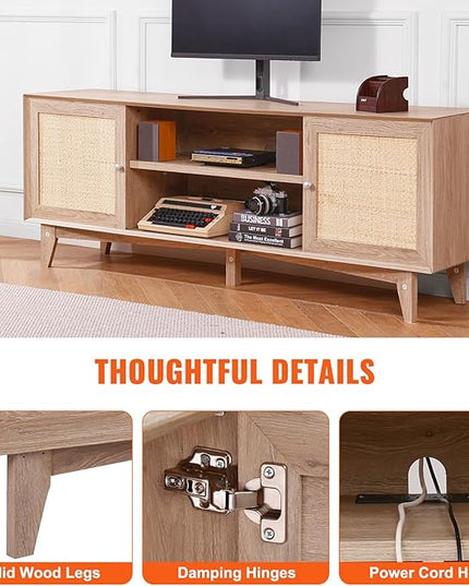 VEVOR Rattan TV Stand, Mid Century Modern TV Stand for 75 inch TV, Boho Rattan TV Cabinet with Build-in Socket and USB Ports, Adjustable Shelfs for Living Room, Media Room, Oak - LeafyLoom