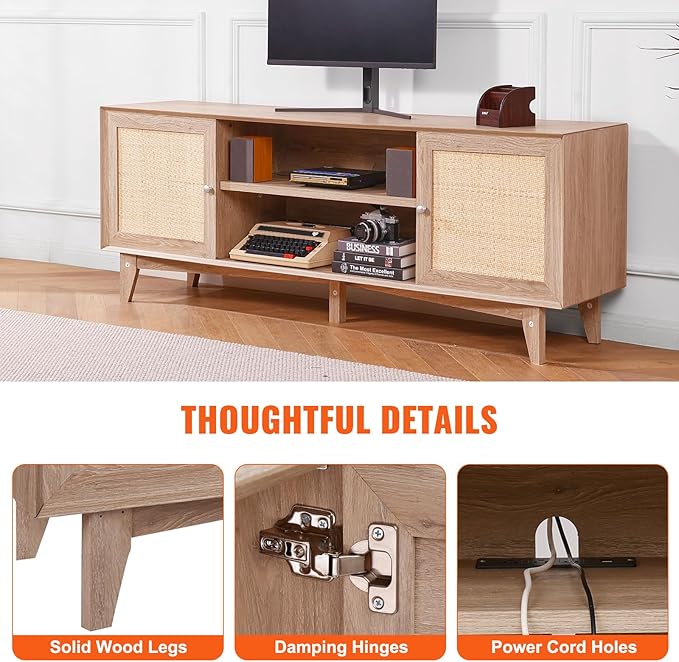 VEVOR Rattan TV Stand, Mid Century Modern TV Stand for 75 inch TV, Boho Rattan TV Cabinet with Build-in Socket and USB Ports, Adjustable Shelfs for Living Room, Media Room, Oak - LeafyLoom