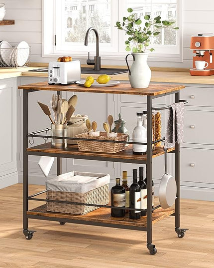Kitchen Island with Storage,Industrial Kitchen Counter with Hooks and Side Enclosures, 3 Tier Kitchen Cart with Large Workstation, Saving Space, Easy Assembly, Rustic Brown and Black BF03ZD01 - LeafyLoom