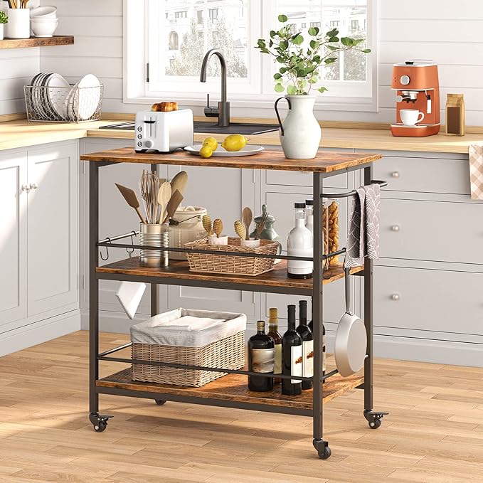 Kitchen Island with Storage,Industrial Kitchen Counter with Hooks and Side Enclosures, 3 Tier Kitchen Cart with Large Workstation, Saving Space, Easy Assembly, Rustic Brown and Black BF03ZD01 - LeafyLoom