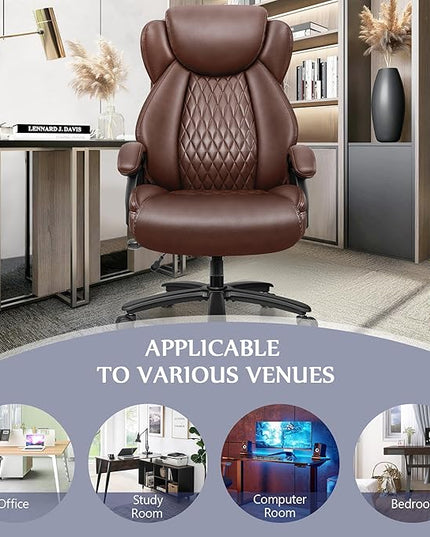 Big and Tall Office Chair 500lbs, Heavy Duty Executive Desk Chair with Adjustable Lumbar Support, Comfy Padded Cushion, Ergonomic PU Leather Home Computer Chair with Extra Wide Seat, Brown - LeafyLoom