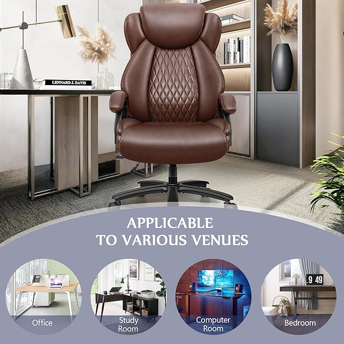 Big and Tall Office Chair 500lbs, Heavy Duty Executive Desk Chair with Adjustable Lumbar Support, Comfy Padded Cushion, Ergonomic PU Leather Home Computer Chair with Extra Wide Seat, Brown - LeafyLoom