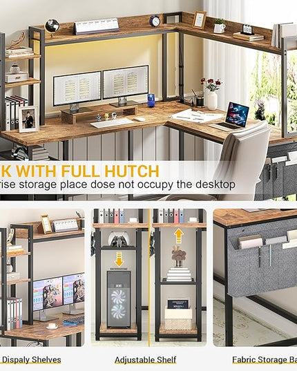 Aheaplus L Shaped Desk with Power Outlet, L Shaped Gaming Desk with Led Light & Hutch, Reversible Home Office Desk, Corner Computer Desk Writing Desk with Monitor Stand & Storage Shelf, Rustic Brown - LeafyLoom