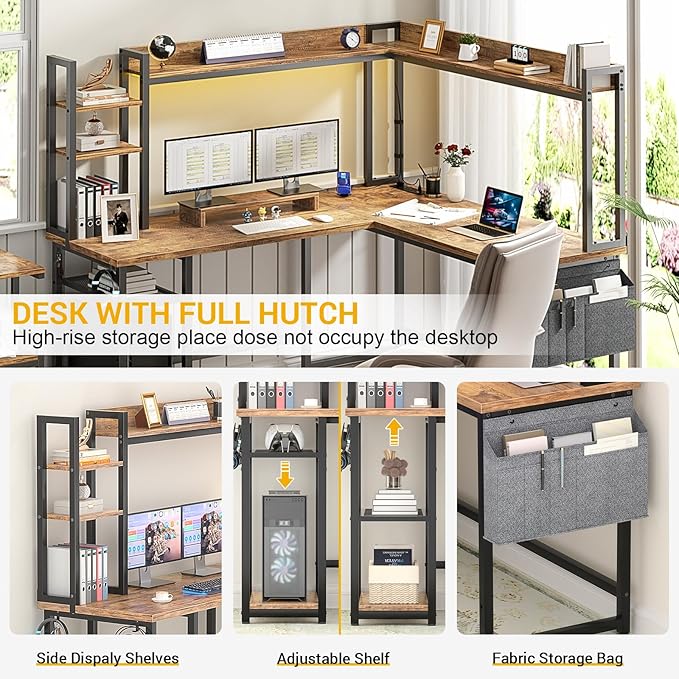 Aheaplus L Shaped Desk with Power Outlet, L Shaped Gaming Desk with Led Light & Hutch, Reversible Home Office Desk, Corner Computer Desk Writing Desk with Monitor Stand & Storage Shelf, Rustic Brown - LeafyLoom