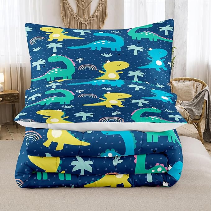 NINENINE Dark Blue Dinosaur Comforter Sets,Full Bedding Sets for Boys,Dinosaur Comforter Sets for Kids,Cartoon Bedding Sets with 1 Comforter 2Pillowcases - LeafyLoom
