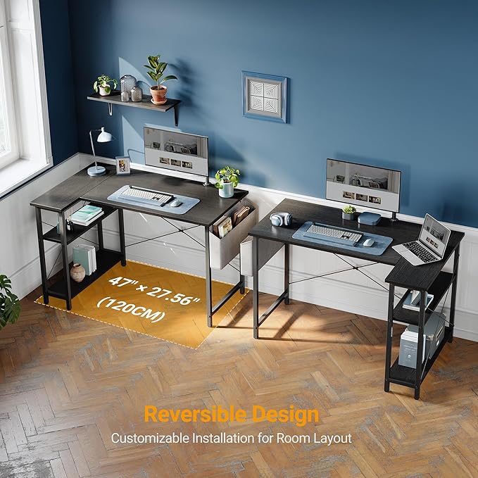 BANTI L Shaped Small Computer Desk with Storage Shelves, 55" Home Office Small Corner Desk Study Writing Table, Black - LeafyLoom
