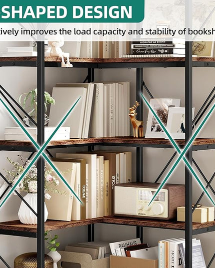 YITAHOME Corner Bookshelf, Industrial Corner Shelf 5 Tier Bookcase, Large Display Rack Storage for Bedroom, Living Room, Home Office,Rustic Brown - LeafyLoom