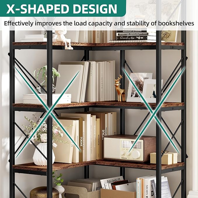 YITAHOME Corner Bookshelf, Industrial Corner Shelf 5 Tier Bookcase, Large Display Rack Storage for Bedroom, Living Room, Home Office,Rustic Brown - LeafyLoom