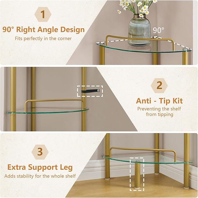 5-Tier Corner Shelf Stand, Gold Corner Bookshelf, Bathroom Organizer, Plant Stand, Tempered Glass Shelves, Modern Style for Living Room, Bedroom, Kitchen, Home Office, Metallic Gold - LeafyLoom