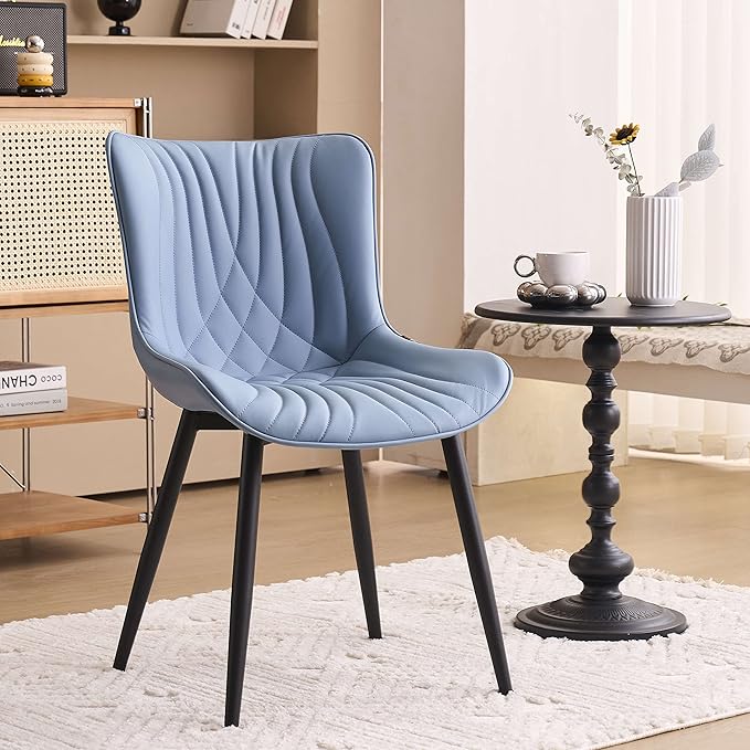 YOUTASTE Dining Chairs Set of 2 Upholstered Mid Century Modern Kitchen Dining Room Chairs Armless Faux Leather Accent Chairs Metal Vanity Lounge Chair with Back for Living Room Bedrooms,Blue - LeafyLoom