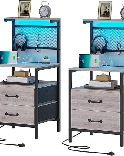Tall Nightstand Set of 2 with Charging Station and LED Lights, Night Stand with Fabric Drawers, Bedside Table 36.4 Inch with Storage Shelves, Side Table, Mesh Shelves with Hooks, Greige - LeafyLoom