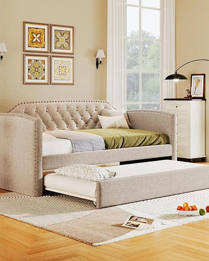 Merax Linen Upholstered Daybed with Twin Size Trundle Bed, Daybed Frame with Button Tufting for Living Room,Guest Room,Wood Slat Support, Beige - LeafyLoom