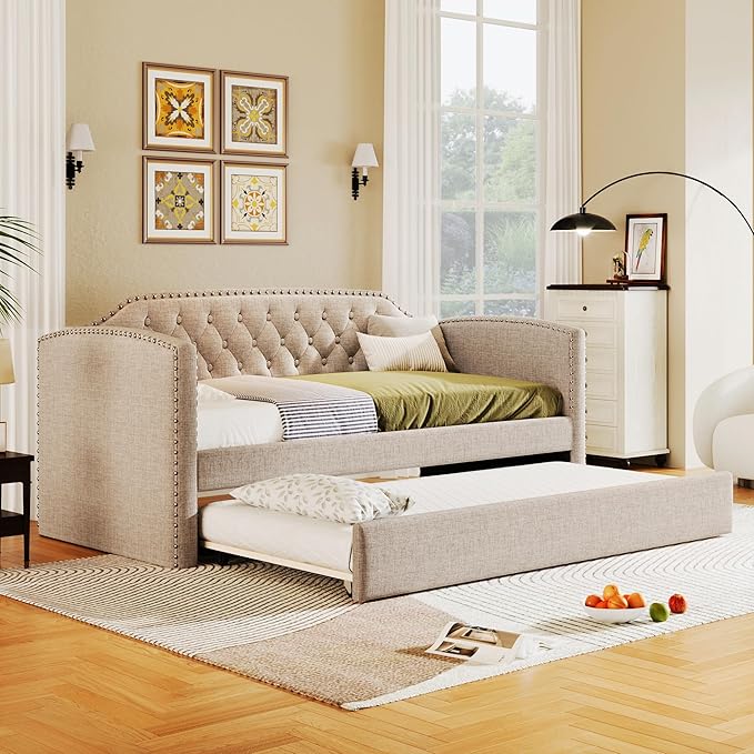 Merax Linen Upholstered Daybed with Twin Size Trundle Bed, Daybed Frame with Button Tufting for Living Room,Guest Room,Wood Slat Support, Beige - LeafyLoom