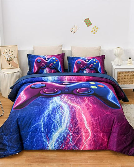 Meeting Story Gamer Gaming Bedding Sets Red Blue Lightnings Gamepad Comforter Set for Boys Games Console Action Buttons Novelty Colorful Modern Room Decor Home Quilt Set (Blue-Purple, Twin 5Pcs) - LeafyLoom